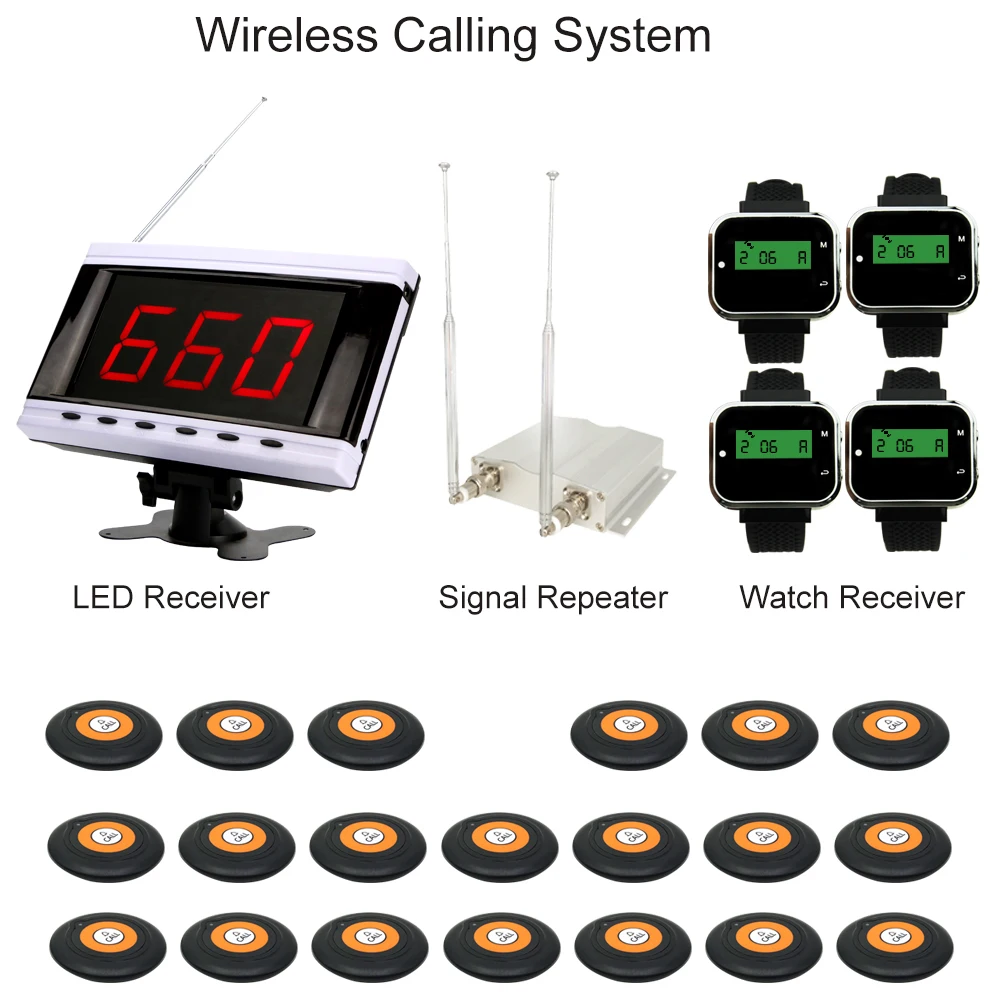 

JINGLE BELLS Wireless Hotel Calling System Restaurant Guest Pager 1 Screen Receiver 20 Call Button 4 watches 1 signal booster