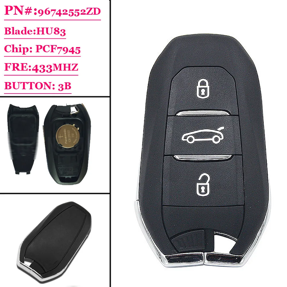 

(1PCS ) 3 BUTTON smart remote key fob 3 buttons 433MHz ID46 PCF7945 chip for DS AND 508 with emergency key HU83