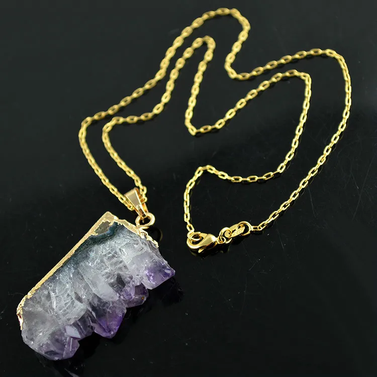 5pcs Druzy Purple Purple Crystal Stone Pendants & Necklaces Gold Color 16'' Chain Necklace Women