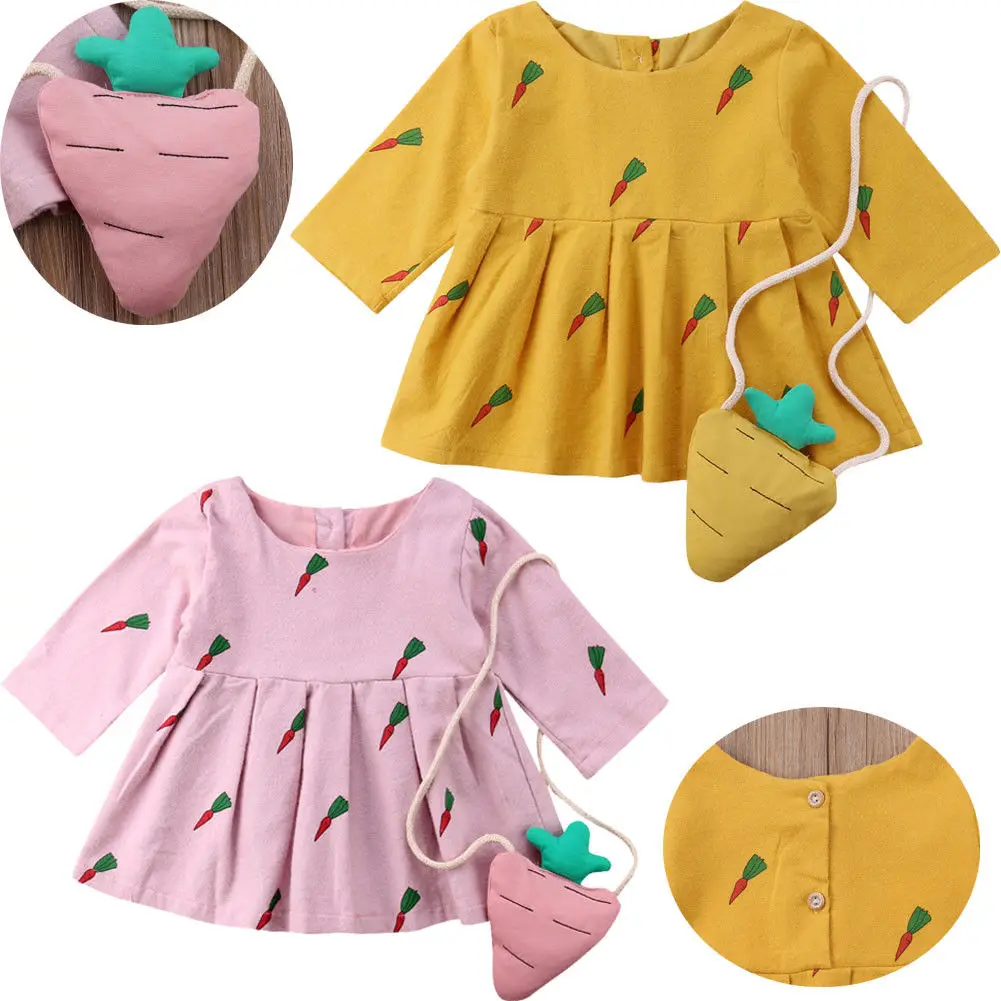 

Baby Girls Kids Long Sleeve Carrot Tops Dress With Bag Party Princess Clothes