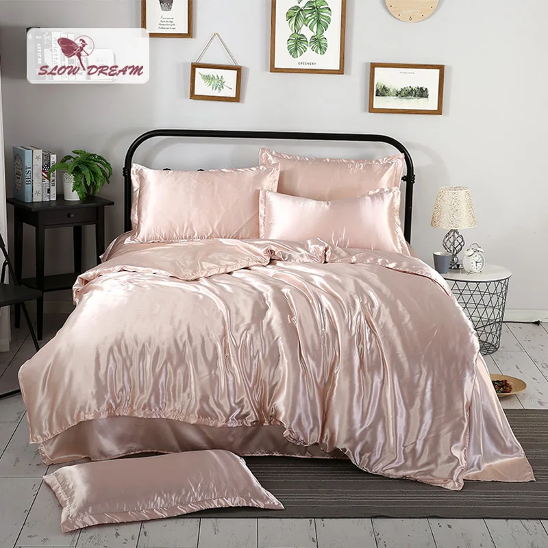 Slowdream Luxury Champagne Silk Satin Bedding Set Solid Color Bed Linen