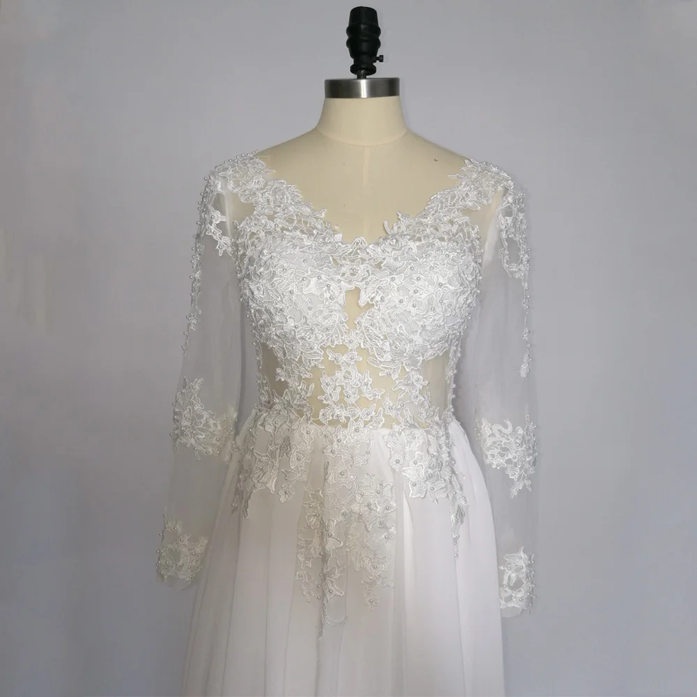 Long Sleeve Lace Appliques Pearls A-line Beach Wedding Dress