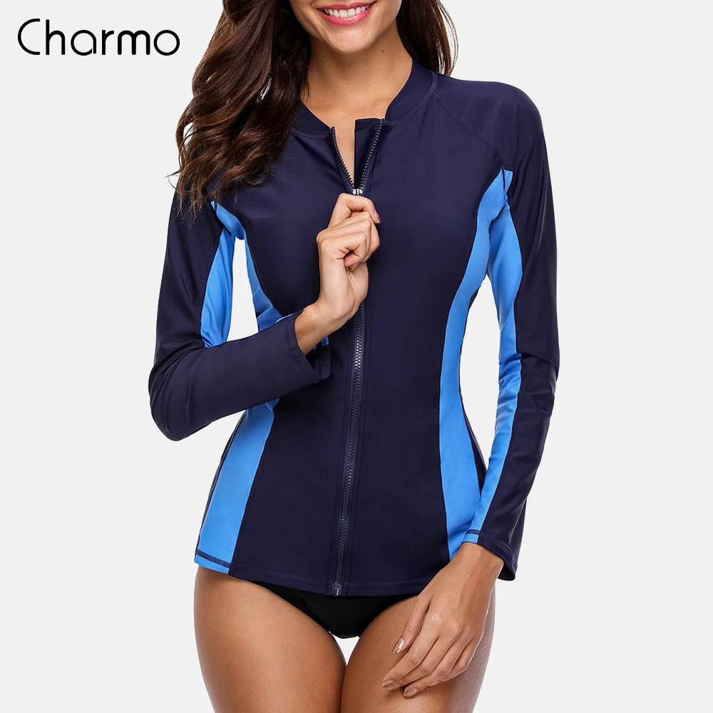 Rash Guard Surfing Swimsuit Charmo Women Long Sleeve Zipper Rashguard Swimsuit Surfing Top Rash Guard Zipper UPF50+ Running Shirt Biking Shirt Swimwear