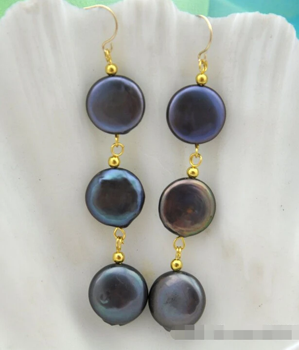 

FREE SHIPPING>>> free shipping 12841 black FW coin pearl dangle earring gold hook