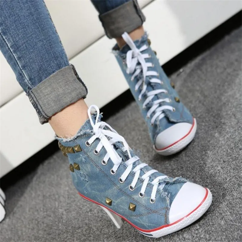 

2019 New fashion Women canvas shoes denim high heels rivets shoes fashion shoes high heels Comfortable Ladies luxury