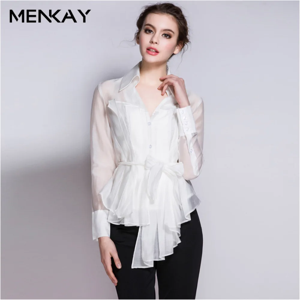 

[MENKAY] 2018 Spring Pleated Ruffles Sash Lace Up High Waisted V Collar Long Sleeve Mesh Tops Sexy Women Female Fashion Clothing