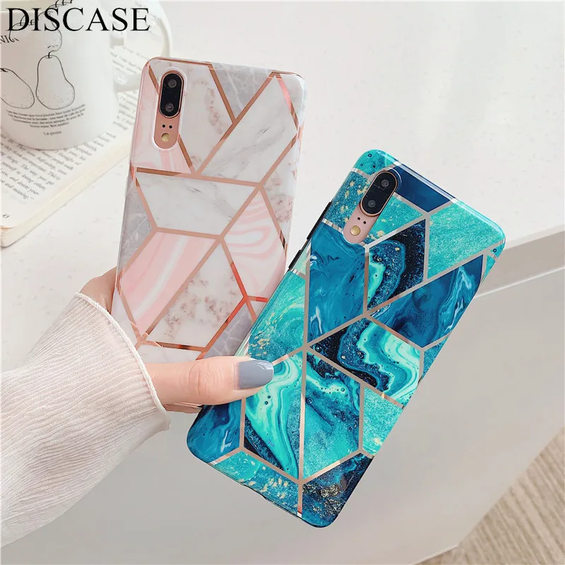 

DISCASE Electroplate Geometric Marble Phone Case For Huawei P20 P30 Pro Lite Mate 20 Pro Lite Anti-Shock Soft IMD Back Cover