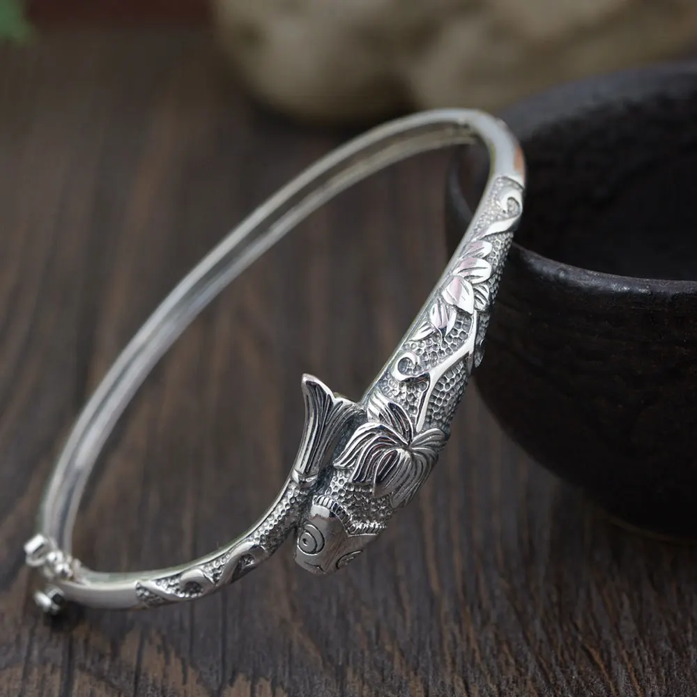 

FNJ 925 Silver Fish Bangle Fashion Vintage Open Size Diameter 56mm 100% S925 Sterling Silver Bangles for Women Jewelry