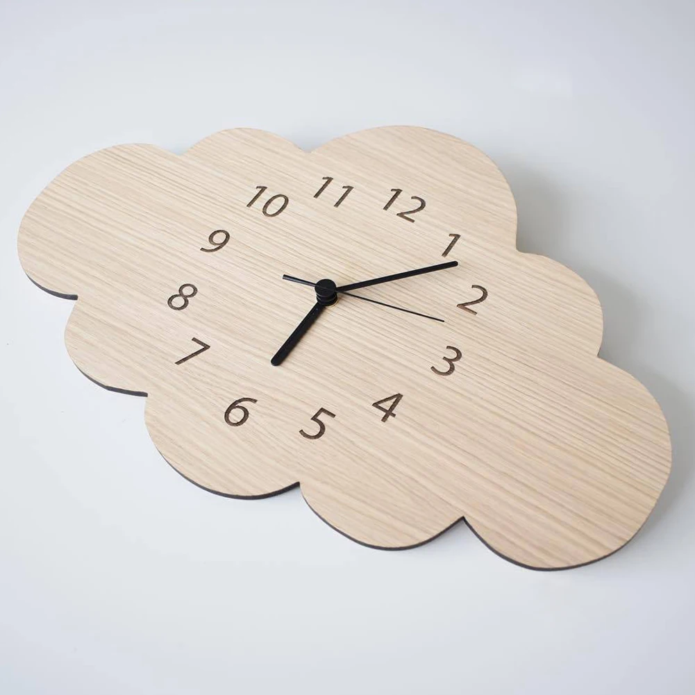 

Decor Props Cloud Living Room Wood Mute Cartoon Wall Clocks Children