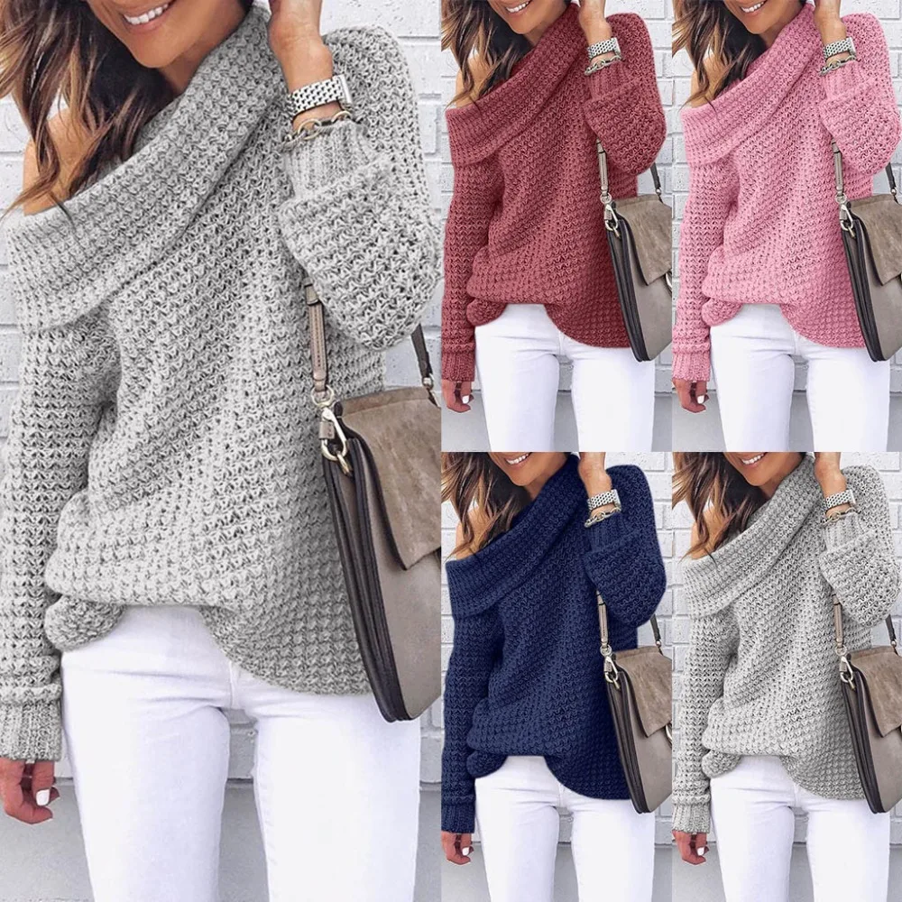 Maglioni donna модные женские туфли плеча Вязание пуловер с длинным рукавом одноцветное цвет Повседневный свитер pull hiver femme 2018 серый розовый