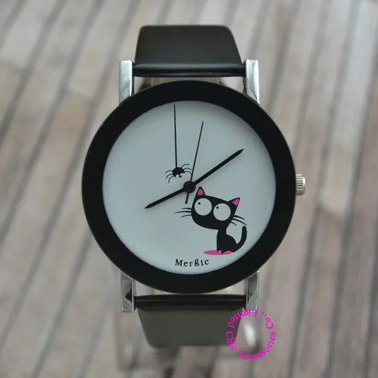 Забавные милые детские модные часы с котом для женщин 2017 г. Новые черные белые