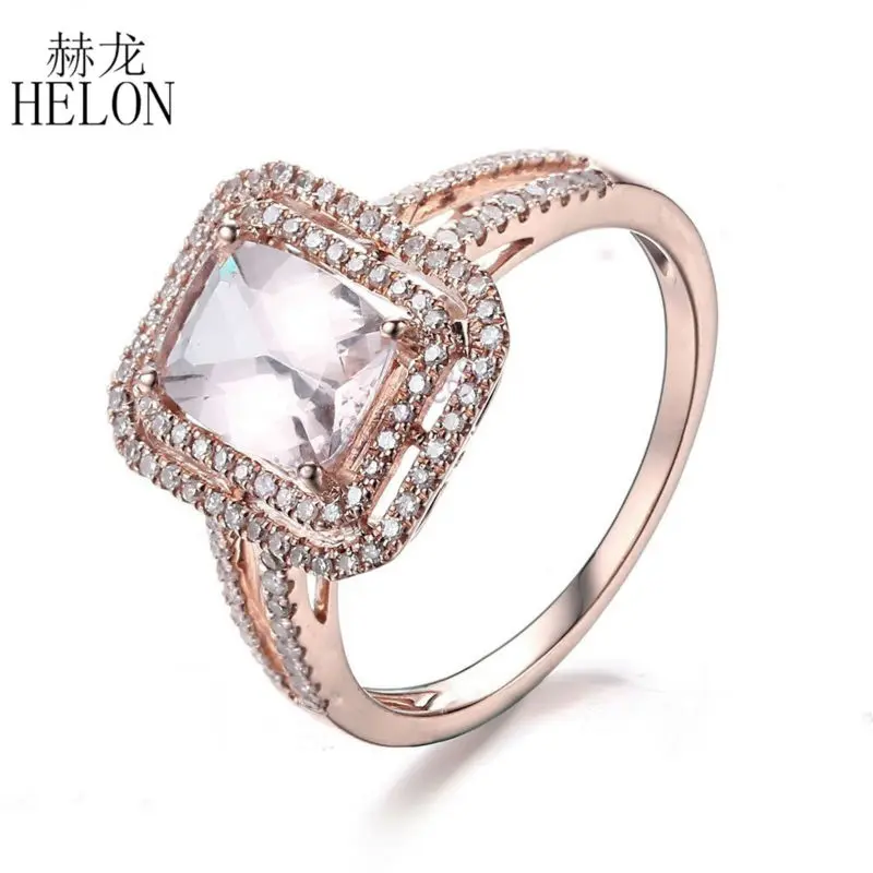 

HELON Beckoning ! Cushion 8x6mm Solid 10K Rose Gold Engagement Wedding 1.1ct Morganite Pave 0.3ct Natural Diamond Jewelry Ring