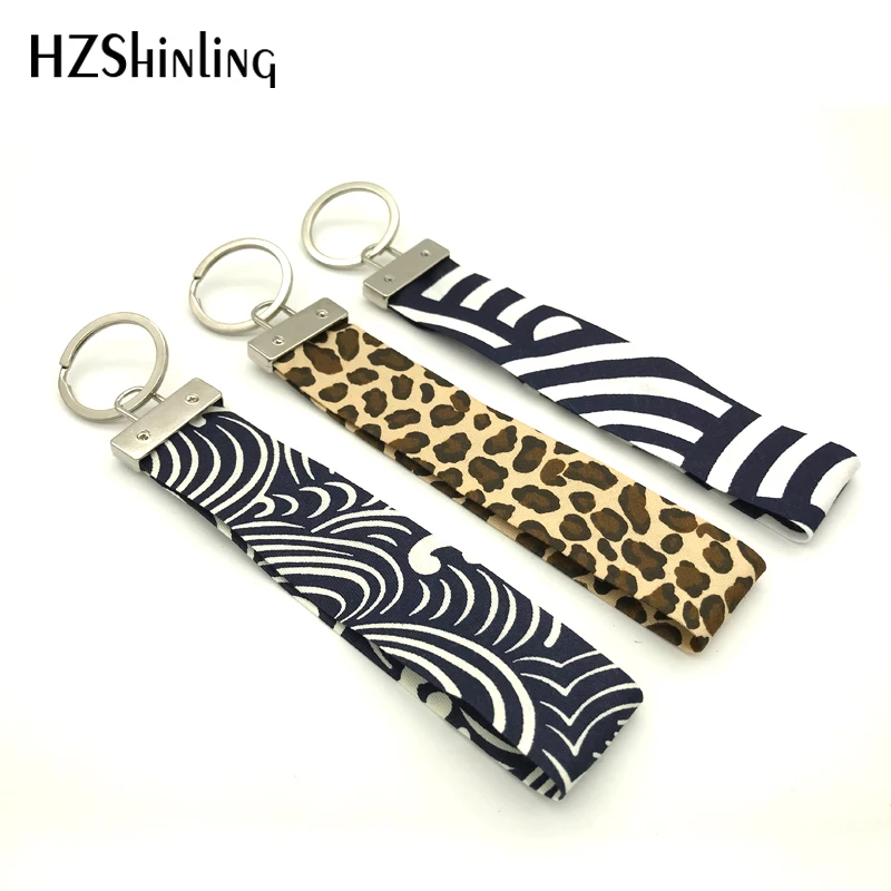 

Ribbon 2018 New Black Damask Fabric Key Fob Leopard Wristlet Key Ring Trendy Keychain Silver Keyholder Gifts Men Women