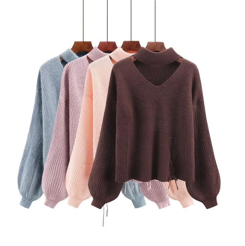 

CBAFU women sweater loose lantern sleeve lace up knitting sweater pullovers korea solid short jumper autumn winter outwear N671