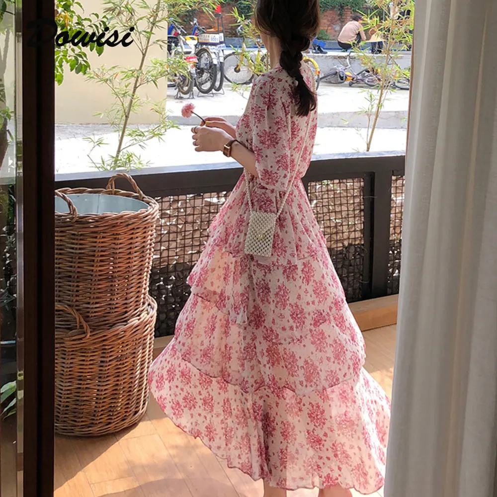 

Dowisi Girls Floral Beach Dress Summer Clothes for Women Loose Refreshing Chiffon Ladies Dresses V Neck Cake Vestidos Femme Robe