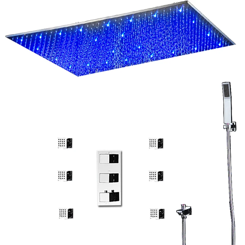

Shower Faucets 400*800MM Ceiling Large Rainfall LED Shower Panel 2 Inch Massage Body Jets Thermostatic Shower Set