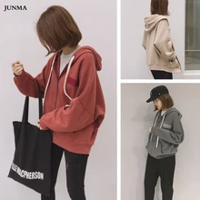 Casual Womens Hooded Sweatshirt Autumn Winter Brushed Front Pocket Thicken Plus Velvet Loose Zipper Drawstring Hoodie velvet drawstring crop hoodie
