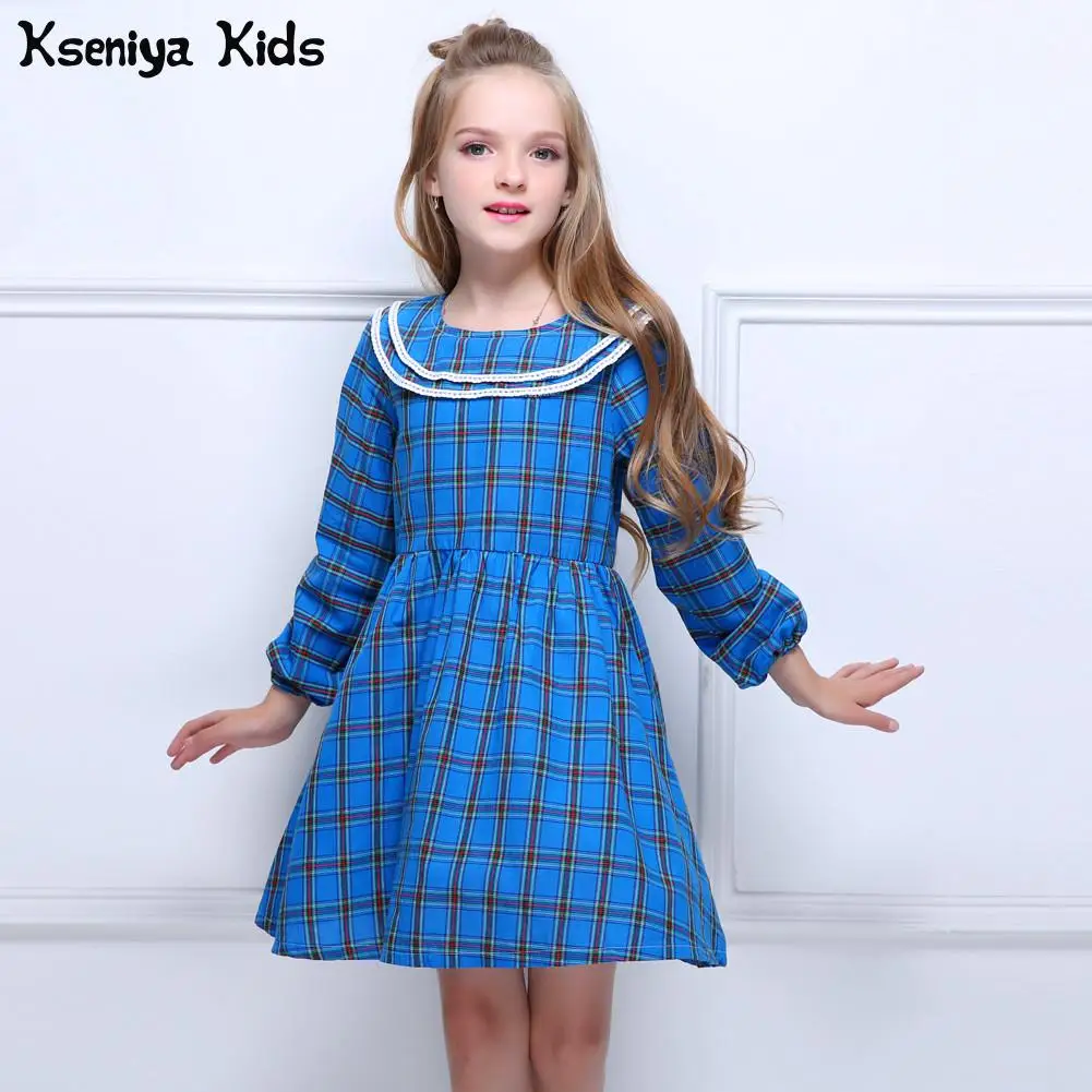 Kseniya Kids/осень-зима; детское платье для маленьких девочек в синюю клетку в английском стиле; милое повседневное хлопковое платье; платья с длинными рукавами для девочек