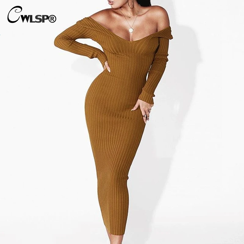 CWLSP 2018 Autumn Winter Long Ribbed V Neck Women Dress Backless Skinny Elegant Party Dress Long Dress Female Clothes QL3422