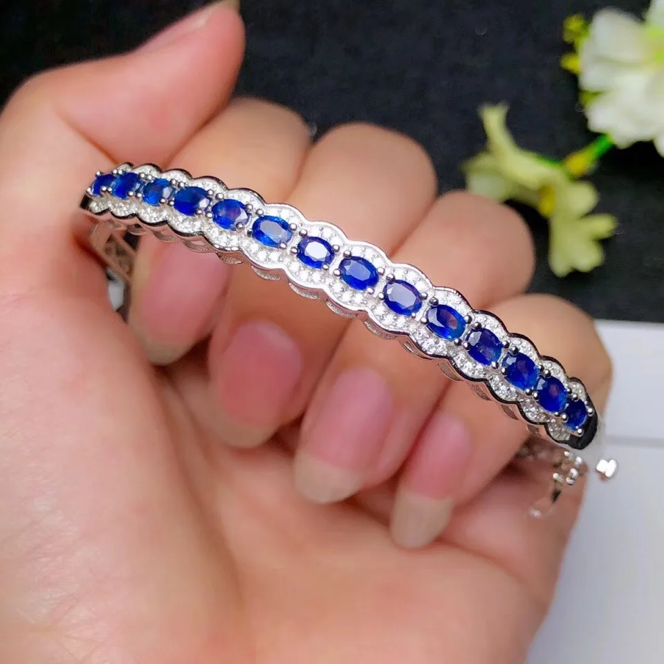 Natural And Real sapphire bangle Free shipping Natural real Blue sapphire 925 sterling silver Fine jewelry
