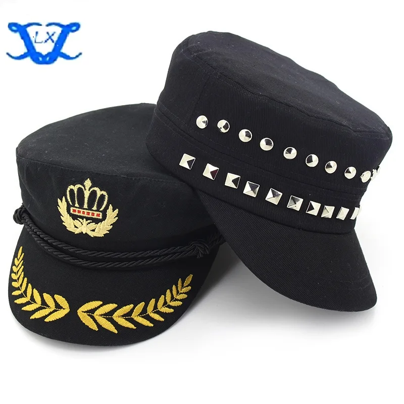 

Cotton Crown Navy Hat Man Woman Sailor Dance Performances Pentagram Flat-topped Hat Black Rivet Cap Camouflage Hat