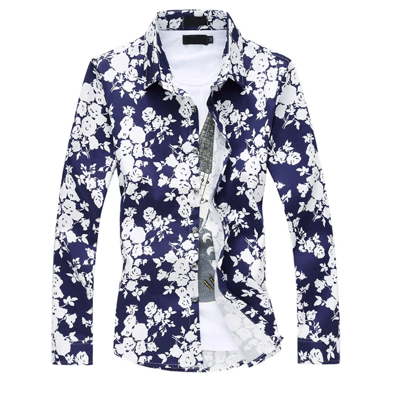 

2017 new arrivel seasons high quality fashion casual large size blue white rose flowered men's long sleeved shirt M-6XL