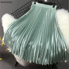 KoHuiJoo весенне-летняя модная атласная Женская винтажная юбка, Женская однотонная плиссированная юбка средней длины с высокой талией, а-силуэт, вечерние юбки