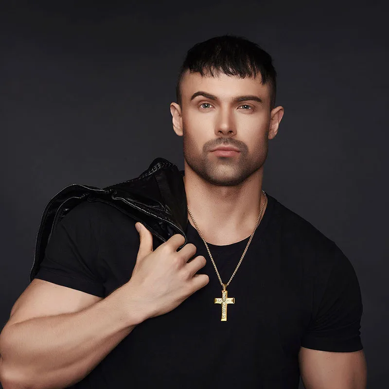 U7 Stainless Steel Cross Necklace for Men Lord's Prayer Black Gold Color 20 inch Link Chain Unisex Bible Pendant Neklace