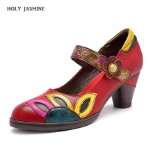 2019 Vintage Printed Pumps Women Shoes Genuine Leather Block Mid Heel Ankle Hook Loop Mary Jane Shoes Woman Retro Heels Zapato socofy vintage printed flat shoes women flats genuine leather retro flower platform shoes woman heel mary jane flats new fashion
