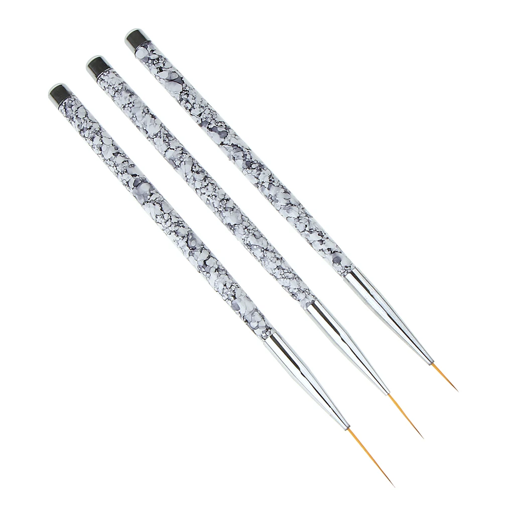 3Pcs Nail Art Liner Brush Pen Set (11/15/20mm) Marble Pattern Handle Salon Nail Fine Drawing Flower Painting Brushes