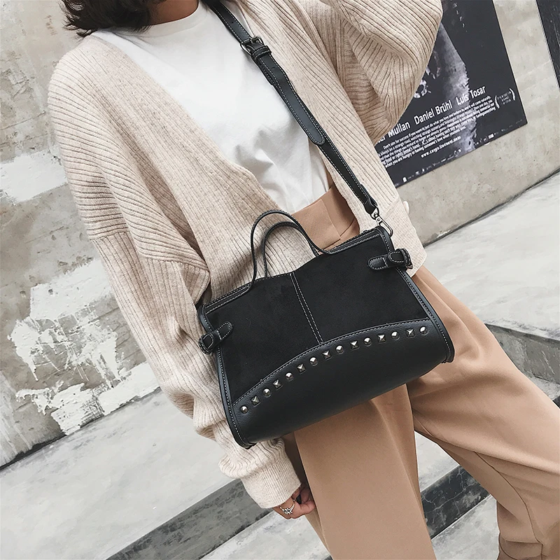 Women's Nubuck Leather Rivet Tote Bag Vintage Ladies Shopping Boston Bag Shoulder Bag Leopard Handbag Crossbody Bag