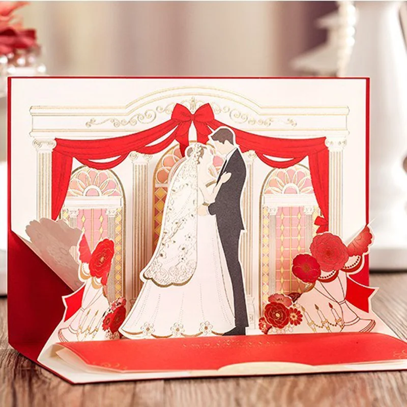 

3D Engagement Invitation Cards Red Romantic Wedding Invitations with Free Printing & Envelopes Convites De Casamento 50pcs/lot