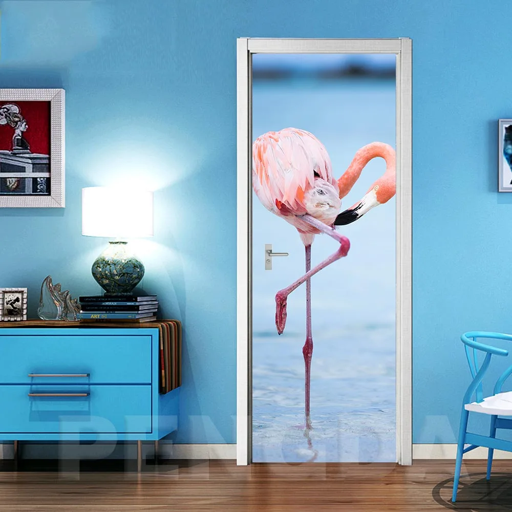 Home Decoration 3D Sticker Flamingos Sea View Picture Self Adhesive Decal Waterproof Paper For Living Room Door Print Art Poster - Цвет: Door XJNN5625-02