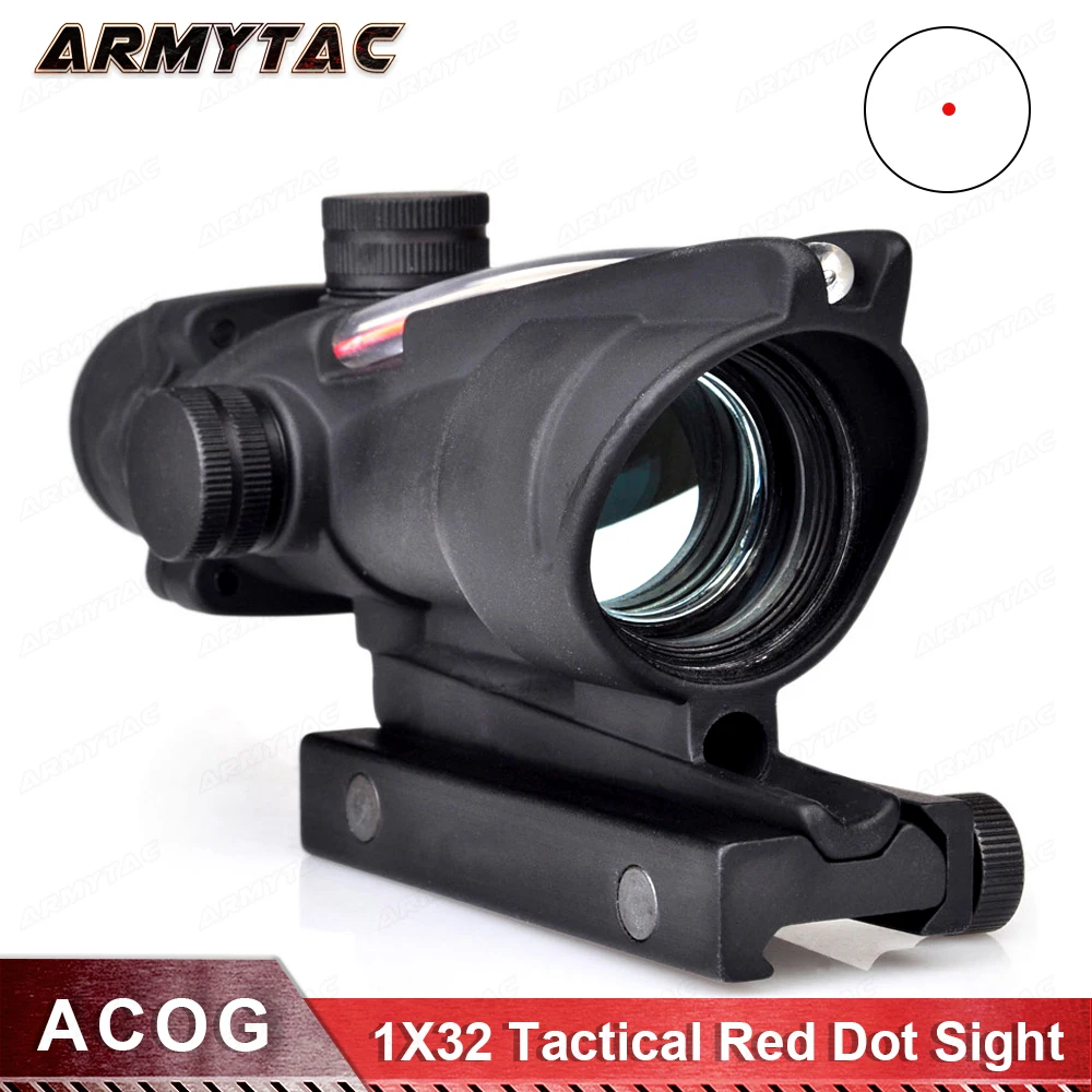 

OPTICS Hunting Scope ACOG 1X32 Tactical Red Dot Sight Real Green Fiber Optic Riflescope with Picatinny Rail for M16 Rifle