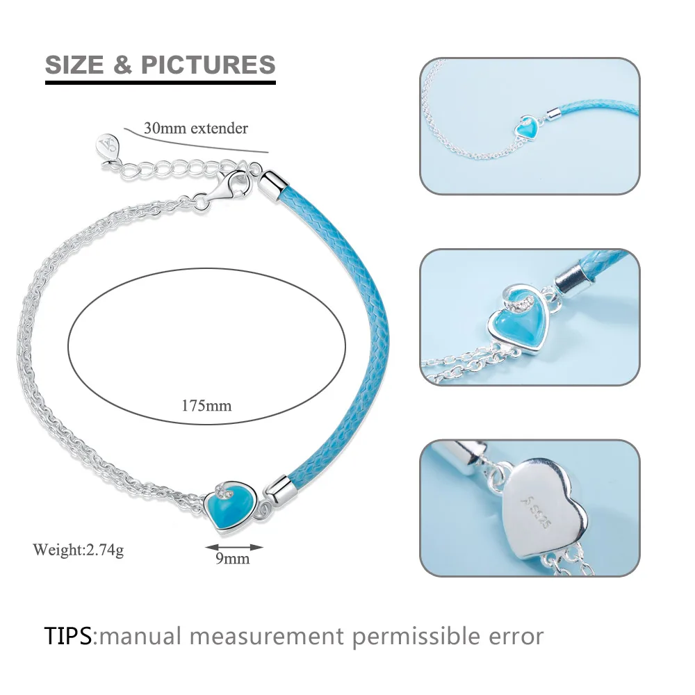 SA SILVERAGE женские браслеты в богемном стиле с голубым драгоценным камнем, свадебные ювелирные украшения в виде сердца, Настоящее серебро 925 пробы, браслеты для женщин