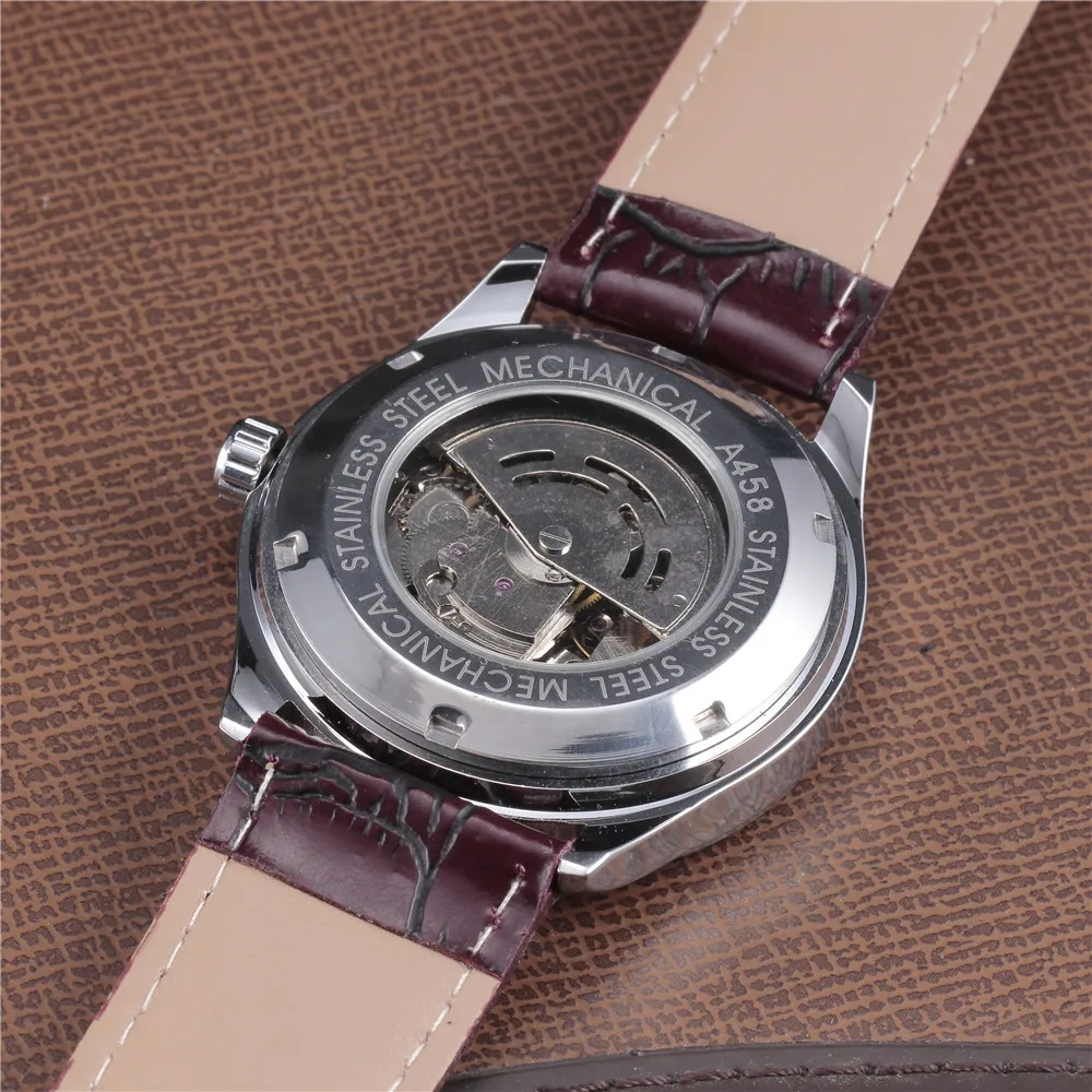 Ceny Zwycięzca słynnej marki mężczyźni biznes zegarki automatyczne Auto data człowiek mody mechaniczne zegarki na rękę skóra pasek ze stali nierdzewnej