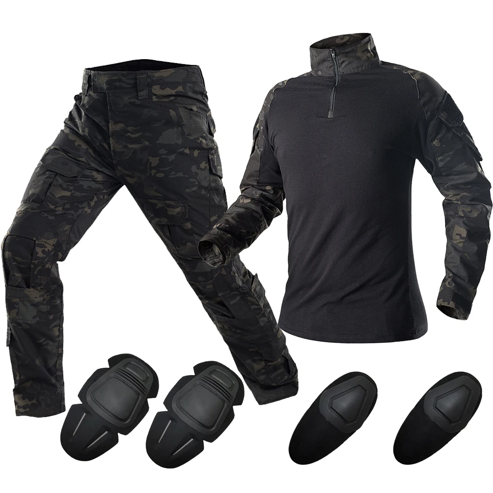 Мужская лесная охотничья тактическая Униформа для страйкбола Камуфляжный костюм в стиле милитари Пейнтбол Экипировка мужская футболка+ брюки карго наколенники