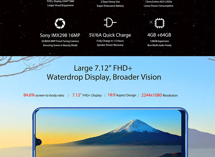 OUKITEL K9 водослива 7,1" FHD+ 1080*2244 16MP+ 2MP/8MP мобильный телефон 4GB 64GB Face ID смартфон 6000mAh 5 V/6A Быстрая зарядка OTG