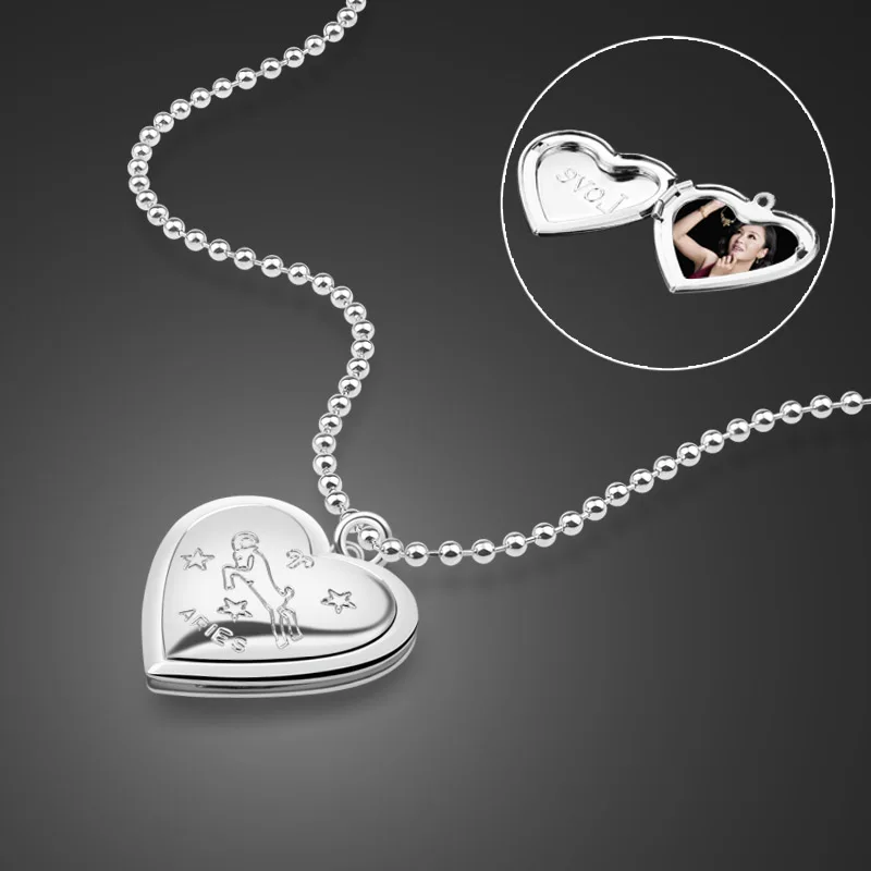 Двенадцать созвездий дизайн с узором «сердце»; кулон Цепочки и ожерелья 925 пробы серебро, розовое золото, фотобокс ювелирные изделия, Кулон, Ожерелье - Окраска металла: Aries  silver