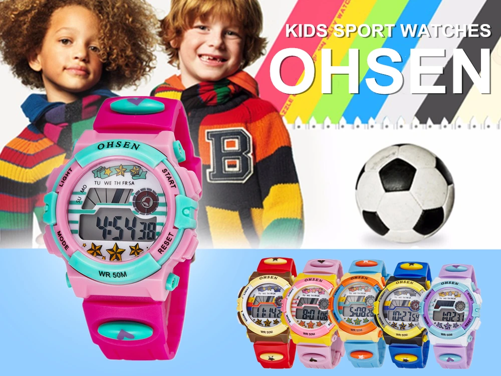 Топ продаж OHSEN Kids lcd Цифровые детские спортивные часы для мальчиков, наручные часы, модные детские часы 50 м, будильник для плавания, студенческие синие детские часы, подарок