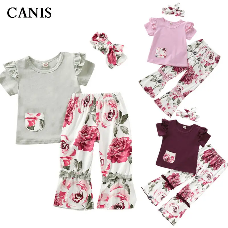

3 Styles 3PCS New Fashion 1-5T Newborn Toddler Baby Girl Clothes Short Sleeve T-shirt Tops+Print Floral Long Pant Outfits Set