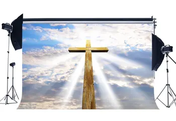 

Happy Easter Backdrop Resurrection of Jesus Backdrops Cross Holy Lights Blue Sky White Cloud Heaven Background