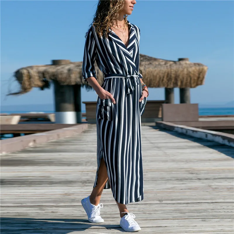 

2019 Summer Women Striped Print Mid-Calf Dress Plus Size Bow Tie Sashes Long Sleeve Retro Ladies Casual Chic Dresses Vestidos