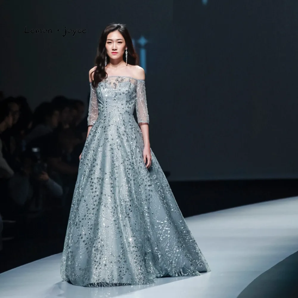 

Elegant Grey Prom Dresses with half Sleeves Boat Neck Beading Formal Evening Ball Gowns 2019 Sexy See-through Party Dress