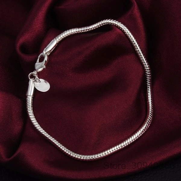 925 Браслеты стерлингового серебра браслеты для Для женщин модные Серебряные ювелирные изделия с S925 штамп 3 мм Змея Браслет Кость YB001