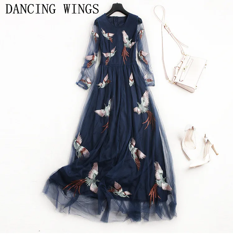 

Runway Dresses 2019 High Quality Bird Embroidery Mesh Maxi Dress Elegant O-neck Women Long Sleeve Holiday Party Dress
