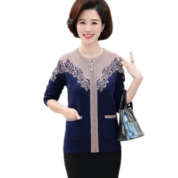 

2018 New Women Embroidered Big Yard Knitted Sweater Cardigan Mother Full Sleeve O-Neck Zipper Knitted Open Stitch Outwear F554