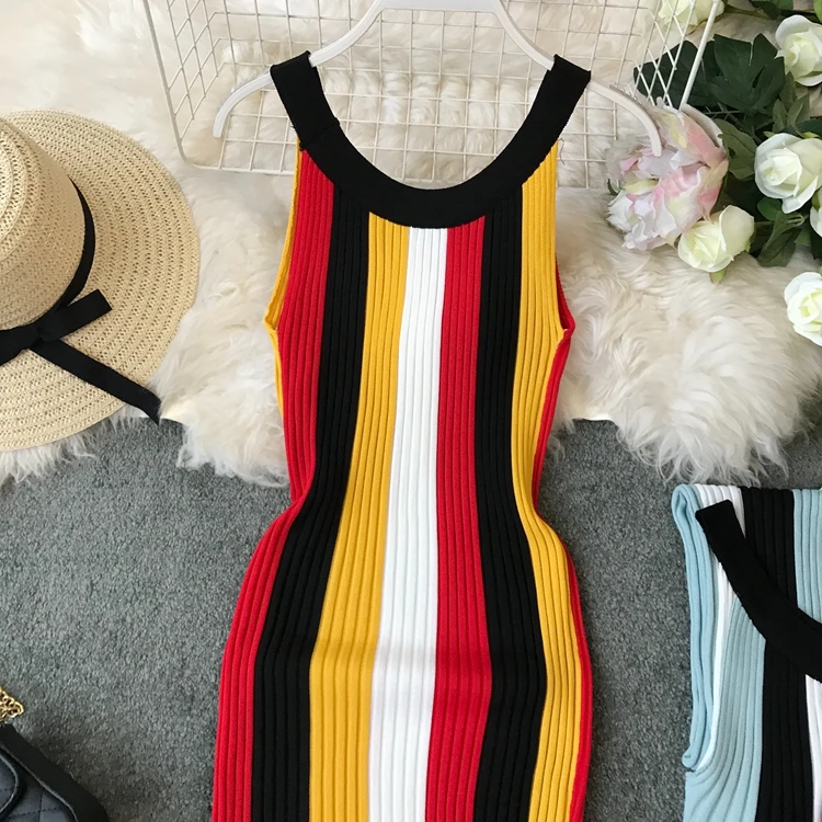 Sleeveless Round Neck Rainbow Vertical Striped Vintage Knit Dress