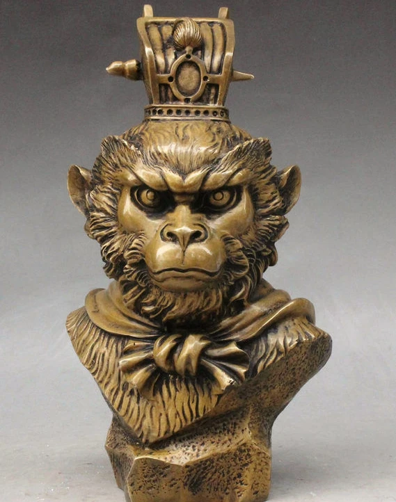 

9" China Bronze Myth Journey to the West Sun WuKong Monkey King Head Bust Statue