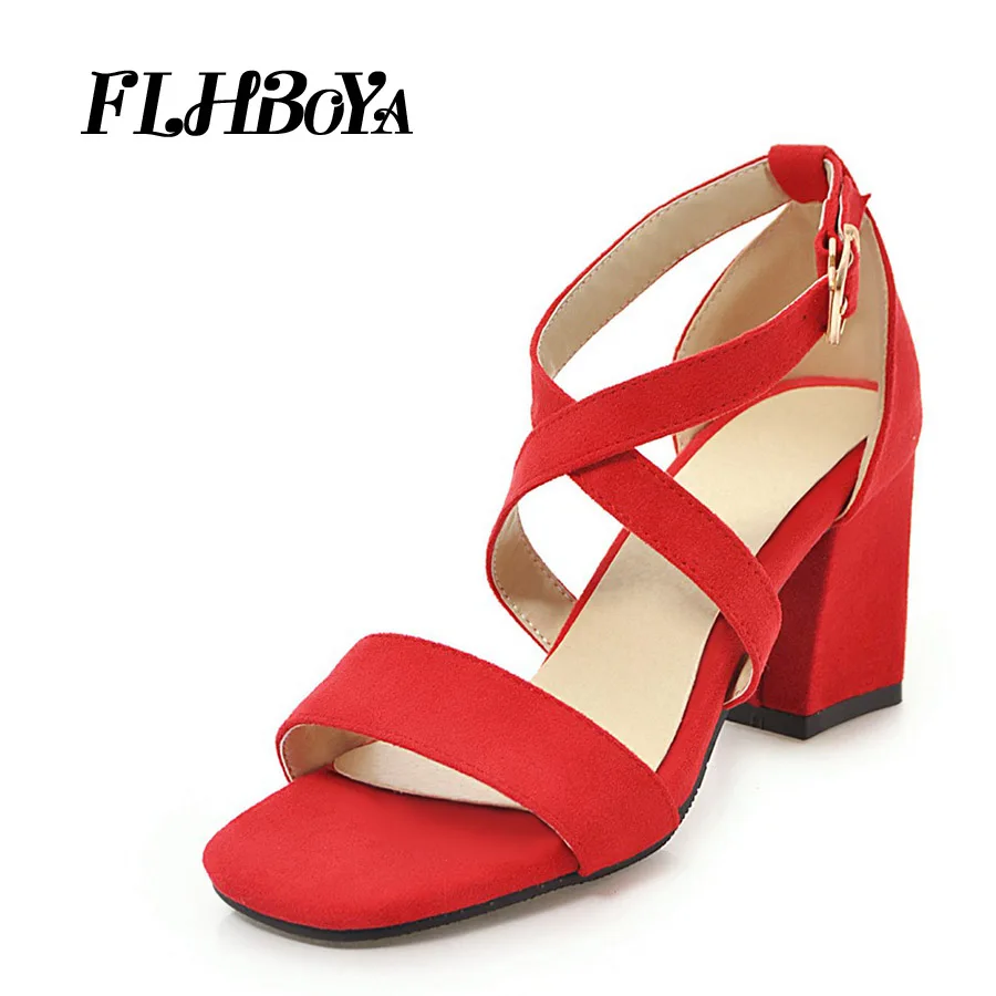 

2019 New summer open toe square chunky heels Sandals women red black cross strap high thick Block heels party sandals woman pump